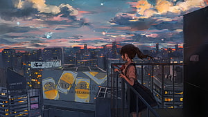 Anime Girl On Balcony Overlooking City At Sunset With Shooting Stars HD wallpaper