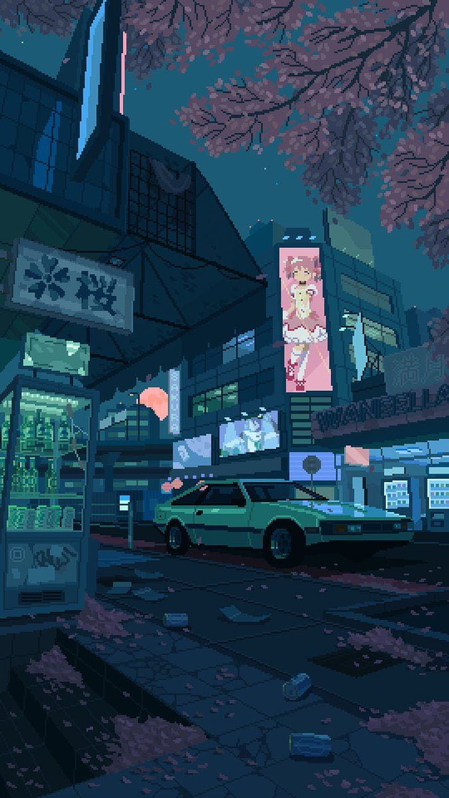 Pixel Art Japanese City Street at Night with Green Car and Cherry Blossoms HD phone wallpaper
