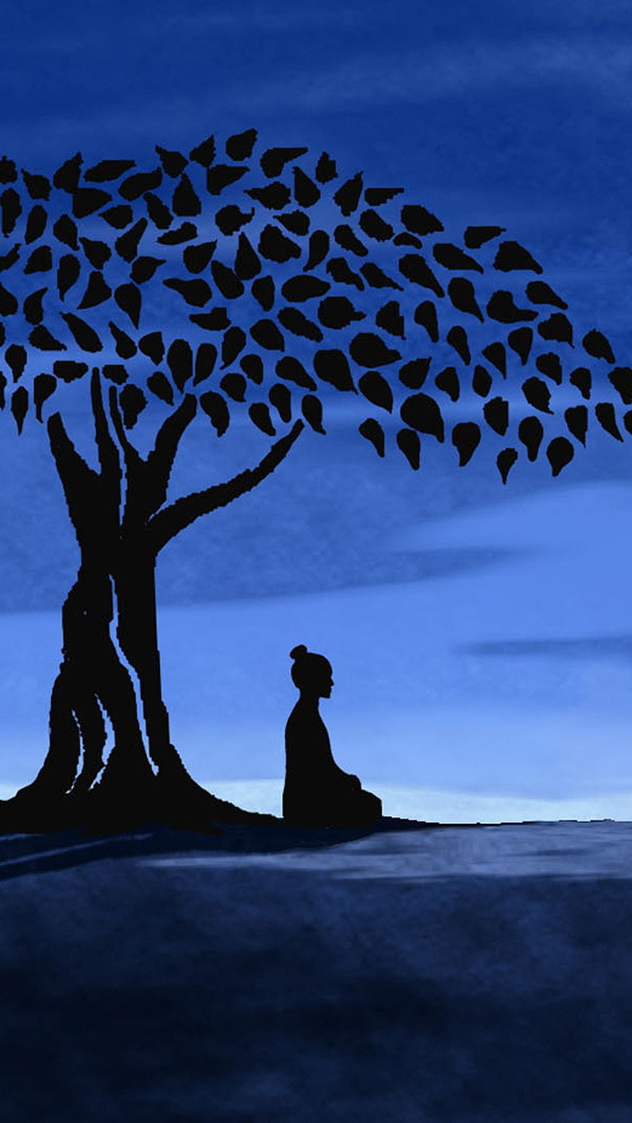 Silhouette of a person meditating under a large tree against a blue twilight sky HD phone wallpaper