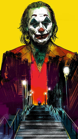 Joaquin Phoenix as the Joker in a vibrant double-exposure cityscape illustration HD phone wallpaper