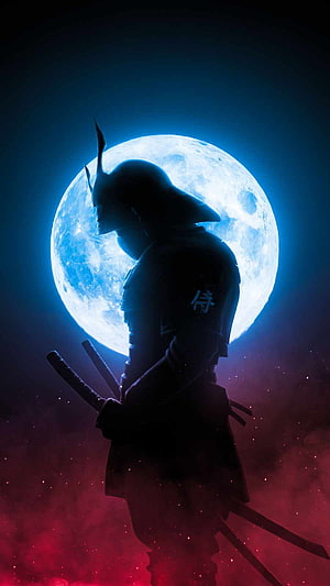 Silhouette of a Samurai Warrior with Katana Against a Giant Blue Moon and Red Mist HD phone wallpaper