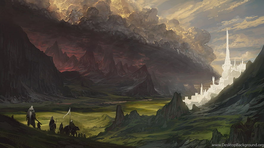 Lord of the Rings Fantasy Landscape with Dark Mountains and White Castle HD wallpaper