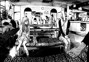 Oyasumi Punpun manga panel showing a girl and a bird-headed figure in a study hall HD wallpaper