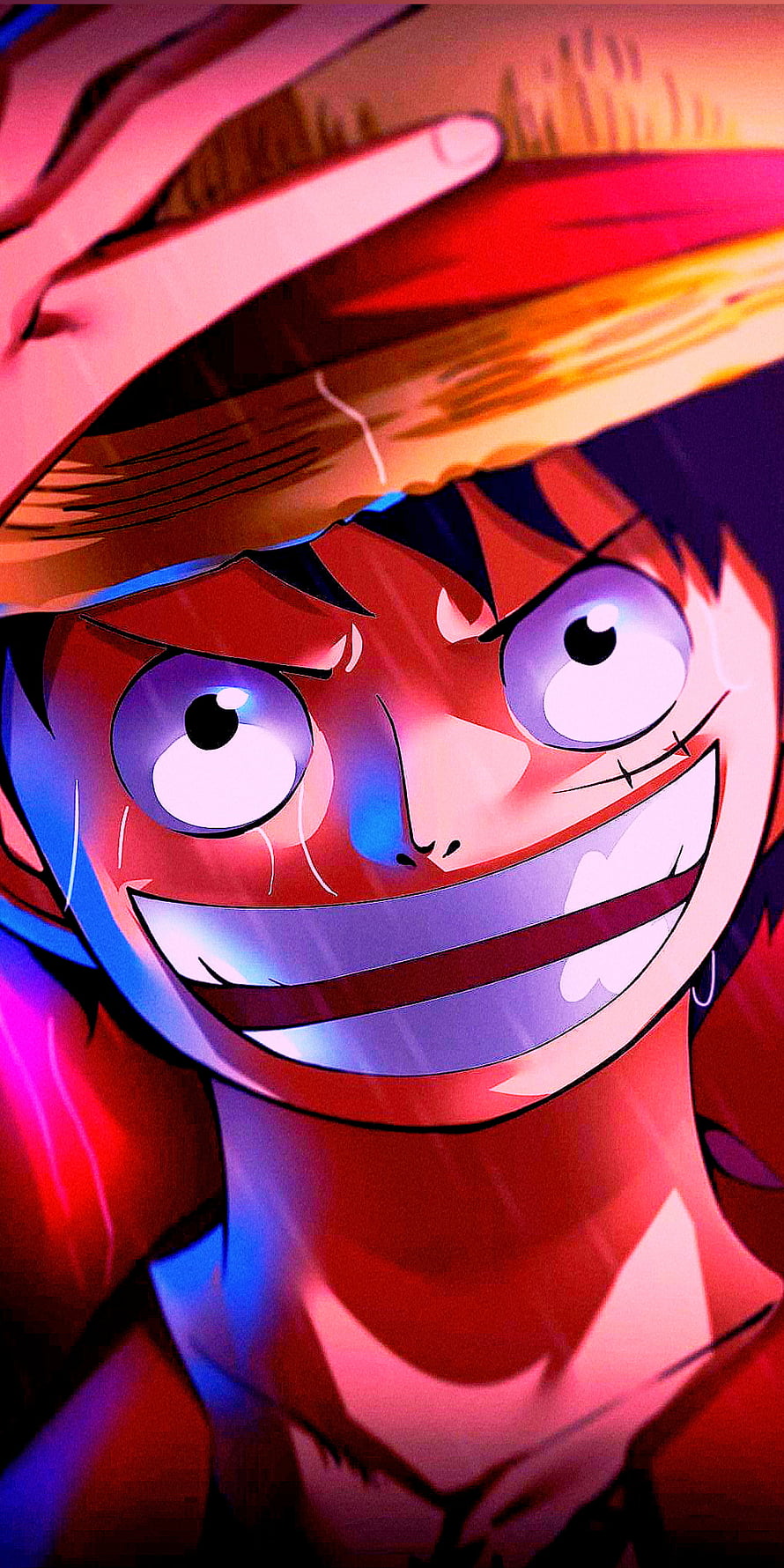 Monkey D. Luffy Grinning Under Straw Hat in Vibrant Neon Red and Blue Lighting HD phone wallpaper