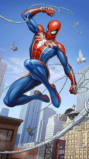 Spider-Man Swinging Through City Skyline With Web Lines And Pigeons, Spiderman, Game Spiderman HD phone wallpaper