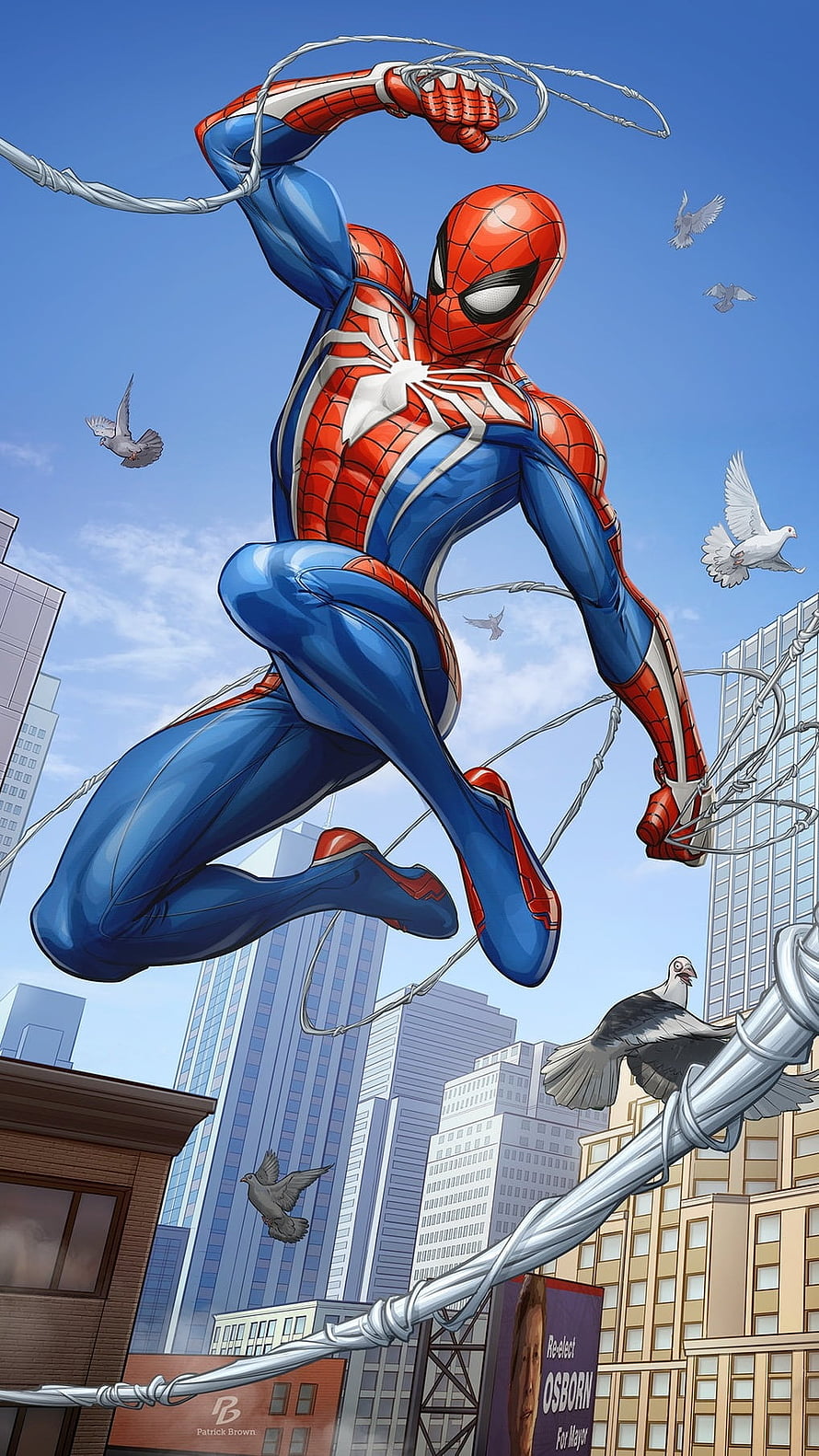 Spider-Man Swinging Through City Skyline With Web Lines And Pigeons, Spiderman, Game Spiderman HD phone wallpaper