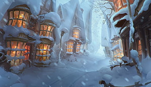 Snowy Fantasy Village Street with Warm Glowing Windows and Cozy Winter Atmosphere HD wallpaper