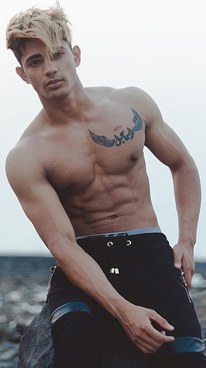 Muscular Man With Blonde Hair And Chest Tattoo Sitting On Rocks By The Sea, Danish Zehen, Danish Zehen Hero HD phone wallpaper