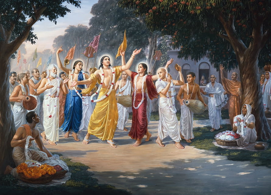 Chaitanya Mahaprabhu Leading Devotees in Kirtan Under Flowering Trees HD wallpaper