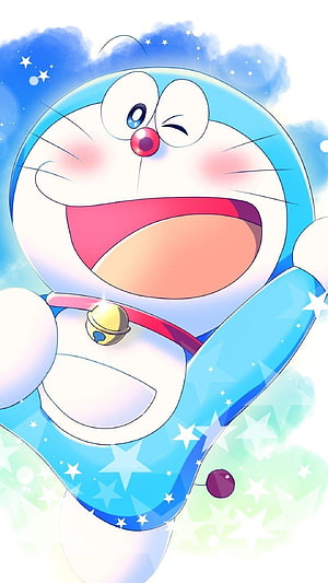 Doraemon Winking With A Big Smile And Sparkling Stars HD phone wallpaper
