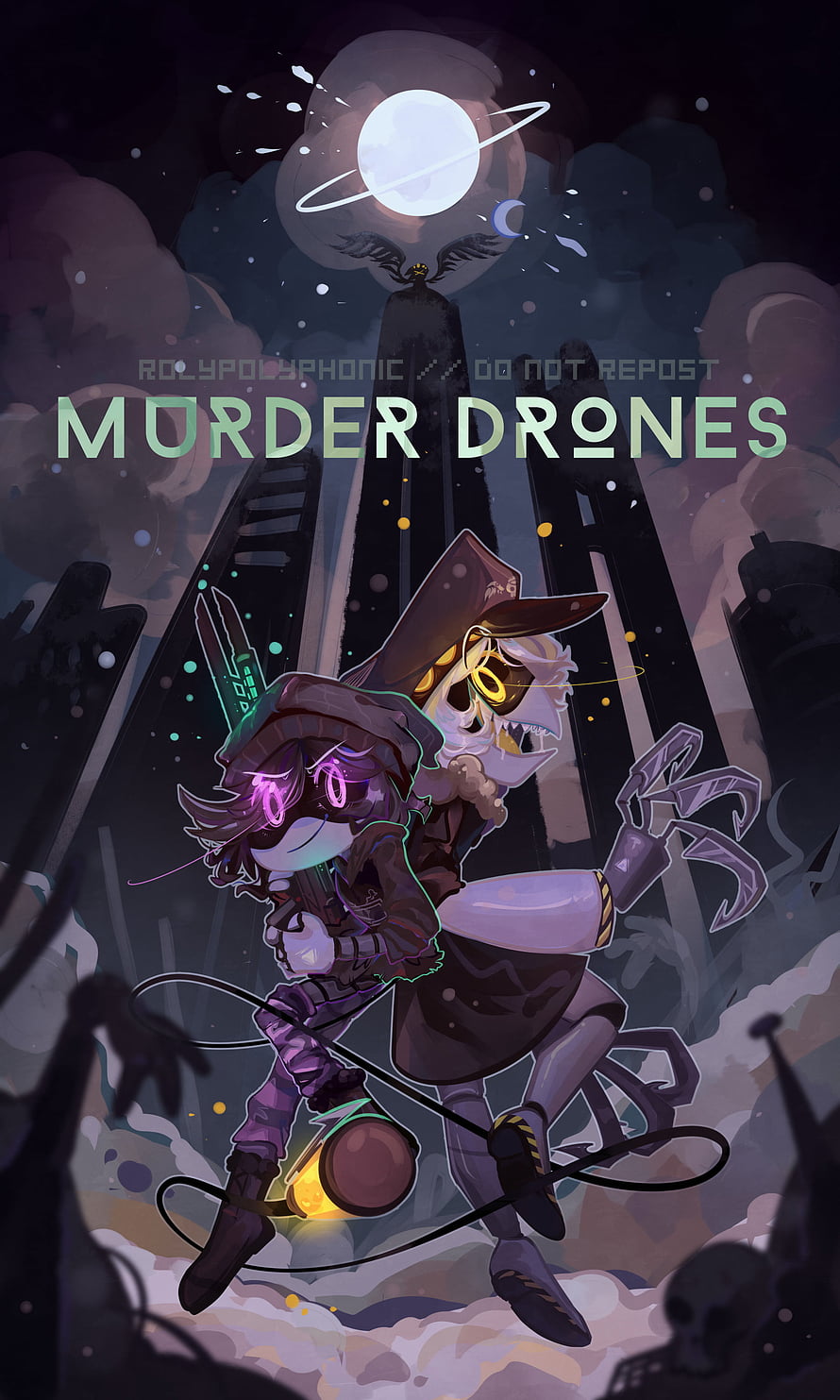 Murder Drones V and N in a Dark Sci-Fi Landscape Under a Ringed Moon HD phone wallpaper