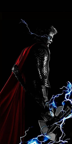 Thor in Dark Armor with Red Cape and Blue Lightning on Black Background HD phone wallpaper