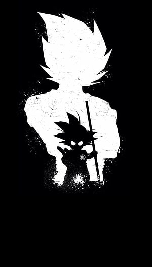 Monochrome Dragon Ball Z Son Goku Silhouette with Staff and Turtle Hermit Symbol HD phone wallpaper