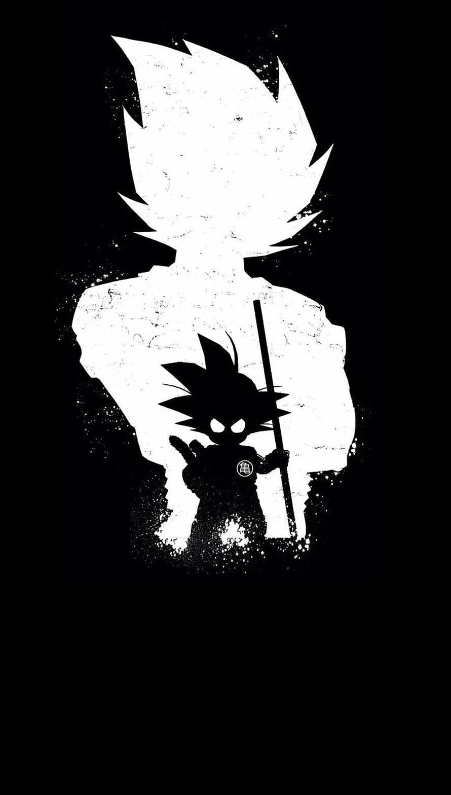 Monochrome Dragon Ball Z Son Goku Silhouette with Staff and Turtle Hermit Symbol HD phone wallpaper