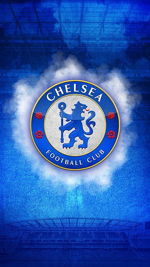 Chelsea Football Club Crest with Lion Emblem and Stadium Background HD phone wallpaper
