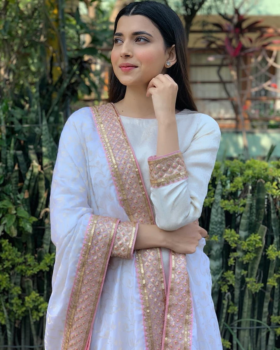 Nimrat Khaira in Elegant White and Pink Embroidered Traditional Outfit HD phone wallpaper