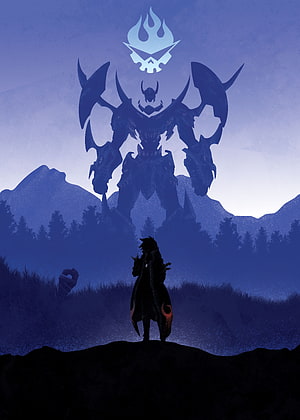 Tengen Toppa Gurren Lagann Silhouette Facing a Colossal Mecha in a Twilight Mountain Landscape HD phone wallpaper
