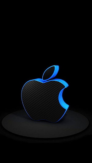 Apple Logo With Blue Neon Glow And Carbon Fiber Texture On Black Background HD phone wallpaper