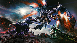 Monster Hunter Generations Valstrax Battle Artwork with Armored Hunters HD wallpaper