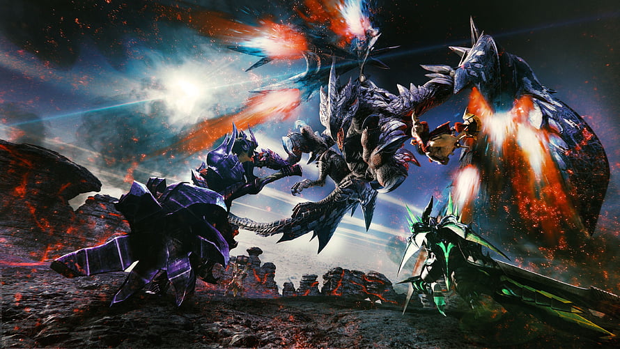 Monster Hunter Generations Valstrax Battle Artwork with Armored Hunters HD wallpaper