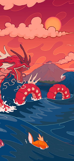 Majestic Red Dragon Rising From Ocean Waves With Golden Koi Fish And Sunset Mountain HD phone wallpaper