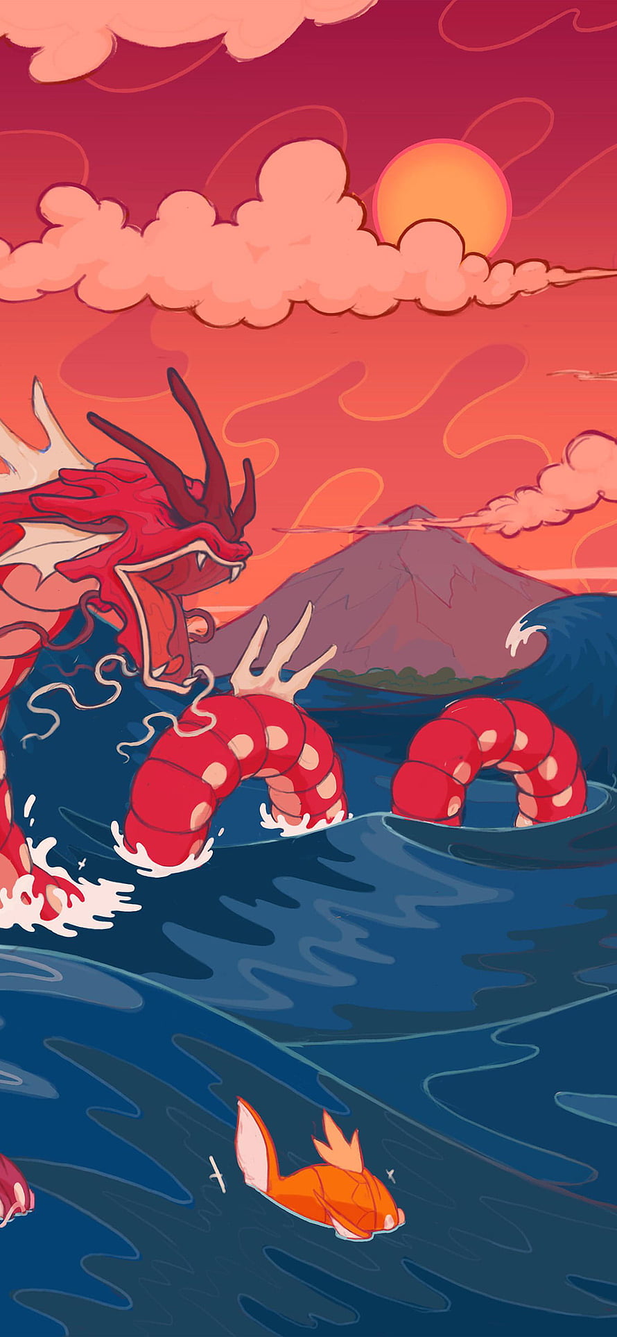Majestic Red Dragon Rising From Ocean Waves With Golden Koi Fish And Sunset Mountain HD phone wallpaper