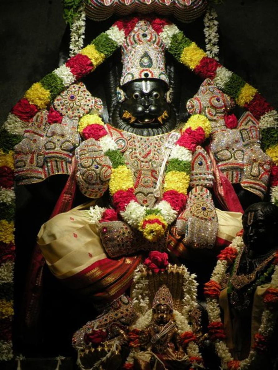Ornate Black Stone Idol of Lord Hanuman Adorned with Jewels and Flower Garlands, Lord Narasimha Nice, Lakshmi Narasimha HD phone wallpaper