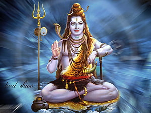 Lord Shiva Sitting in Meditation with Trishul and Damru on Blue Background HD wallpaper