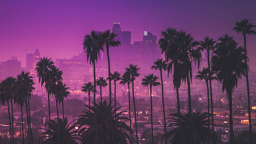 Los Angeles Skyline at Dusk with Palm Trees in a Purple Synthwave Aesthetic HD wallpaper