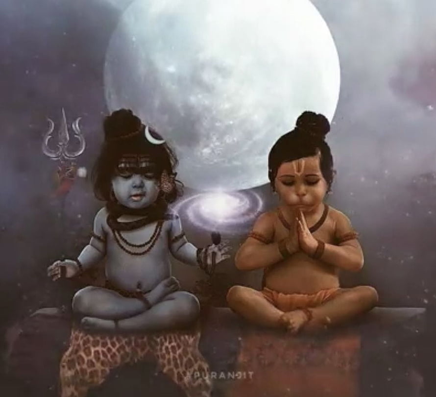 Baby Shiva and Baby Krishna Meditating Under a Full Moon HD wallpaper