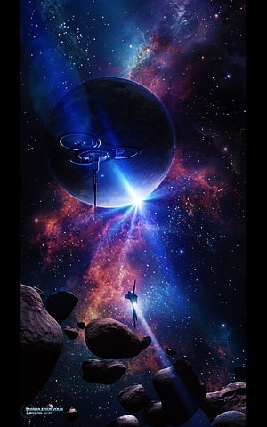Sci-Fi Space Artwork Featuring a Massive Planet, Space Station, and Asteroid Field Against a Vibrant Nebula HD phone wallpaper