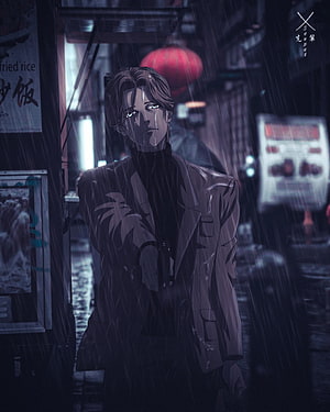 Anime man in trench coat standing in rainy neon city street at night, Johan Liebert Monster, anime, dark, anime HD phone wallpaper