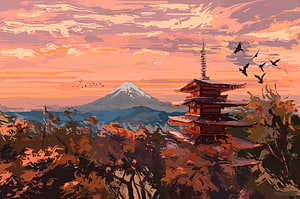 Japanese Pagoda and Mount Fuji at Sunset Digital Painting HD wallpaper