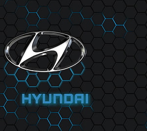 Hyundai Emblem on Dark Hexagonal Grid with Blue Neon Glow HD wallpaper