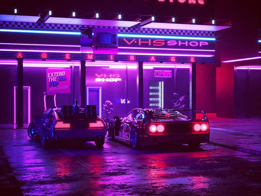 DeLorean and Ferrari Testarossa in Neon Lit Retro VHS Shop Parking Lot HD wallpaper