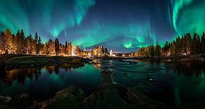 Vibrant Green Aurora Borealis Over a Finnish Lake and Pine Forest at Night HD wallpaper