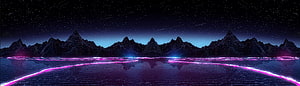 Retro Synthwave Mountain Landscape with Neon Grid and Starry Night Sky HD wallpaper