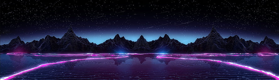 Retro Synthwave Mountain Landscape with Neon Grid and Starry Night Sky HD wallpaper