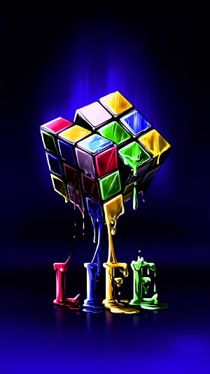 Melting Rubik's Cube Forming the Word Life in Vibrant Liquid Colors HD phone wallpaper