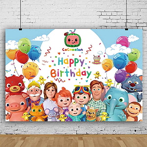Cocomelon Happy Birthday Party Backdrop with Colorful Balloons and Cartoon Characters HD phone wallpaper