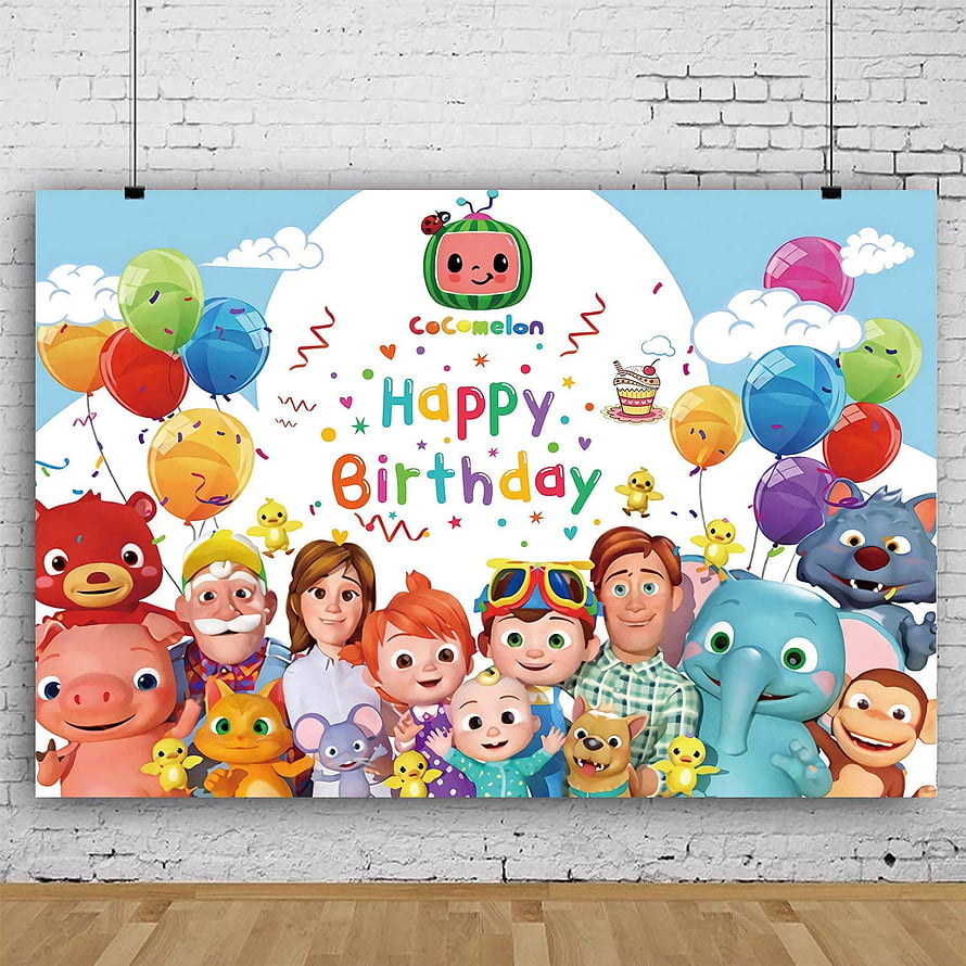 Cocomelon Happy Birthday Party Backdrop with Colorful Balloons and Cartoon Characters HD phone wallpaper