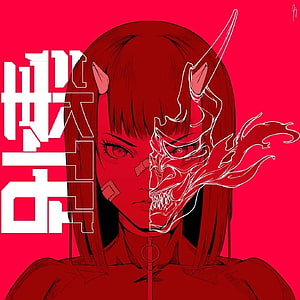Red Anime Girl With Demon Mask And Horns On Vibrant Pink Background HD phone wallpaper