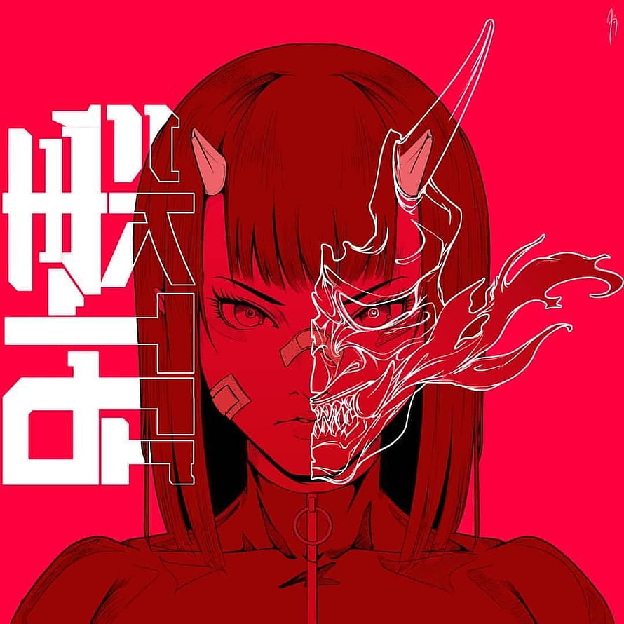 Red Anime Girl With Demon Mask And Horns On Vibrant Pink Background HD phone wallpaper