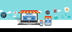 Flat Vector Illustration of Ecommerce Storefront on Laptop and Mobile Devices HD wallpaper