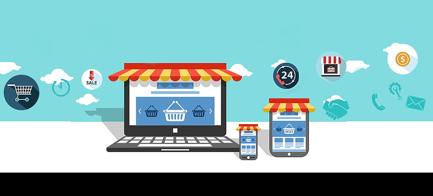 Flat Vector Illustration of Ecommerce Storefront on Laptop and Mobile Devices HD wallpaper