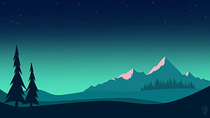 Minimalist Night Mountain Landscape with Pine Trees and Starry Sky HD wallpaper