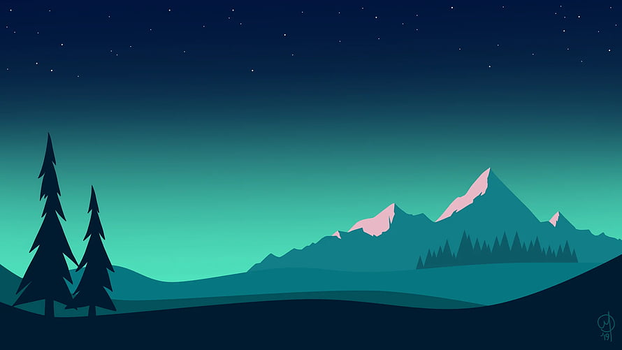 Minimalist Night Mountain Landscape with Pine Trees and Starry Sky HD wallpaper