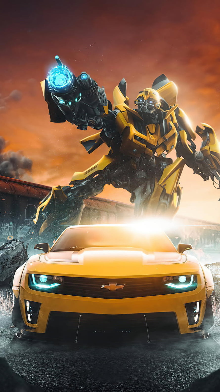 Bumblebee Transformers Robot and Camaro Car Action Scene HD phone wallpaper