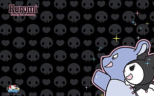 Kuromi and Baku Sanrio Characters on Black Skull and Heart Pattern Background HD wallpaper