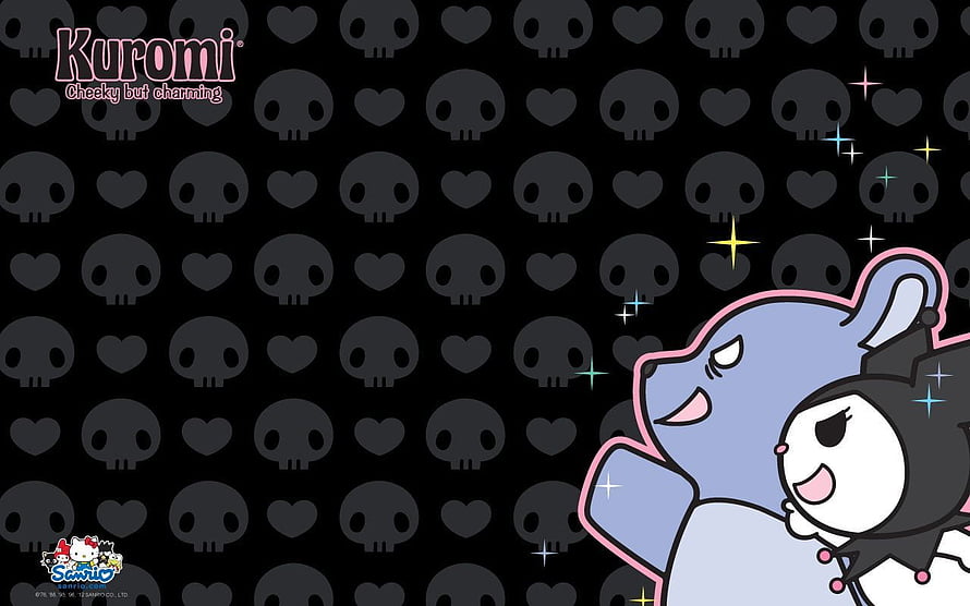 Kuromi and Baku Sanrio Characters on Black Skull and Heart Pattern Background HD wallpaper
